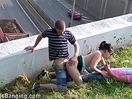 Chick likes to be fucked in public places and this time she has sex above the roadway 5