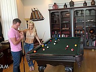 Guy tries to teach the stepmom how to play pool, but the lesson turns into a blowjob by her 4