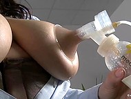 Call centre employee from Germany extracts milk from huge natural breasts during work time 11