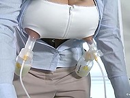 Call centre employee from Germany extracts milk from huge natural breasts during work time 4