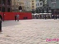 Coed walks around the city and no one can imagine that she wears no panties beneath a pink skirt 10