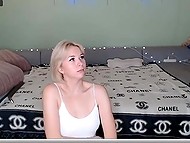 Blonde girl with perky tits brave enough to be double penetrated by her friends on the webcam 4