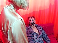 Obedient man wears face dildo brought by mistress who forces him to penetrate her pussy in such way 5