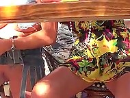 Curious fellow with camera sneakily films bimbo women who sit on balconies without any panties 5