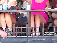 Curious fellow with camera sneakily films bimbo women who sit on balconies without any panties 7