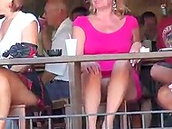 Curious fellow with camera sneakily films bimbo women who sit on balconies without any panties 8
