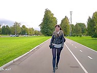 Under short skirt and sheer purple pantyhose eccentric girl from Russia hides beautiful snatch 7