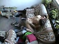 Busty teen and her boyfriend have spontaneous quickie in living room not noticing voyeur's camera 5