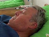 Russian nurse saw innocent chick sucking old man and quickly undressed to have a threesome with them 6