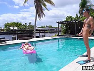 Scuba diver jerks off watching neighbor that sunbathes in the pool and she sucks his big dick soon 4