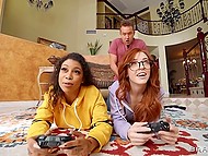 Ebony minx Jeni Angel and cute redhead Madi Collins instead of playing games have threeway with friend 4