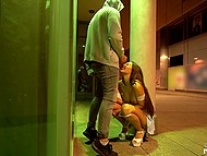 Long-legged German brunette gives BF blowjob in public and they have quickie in standing pose 10