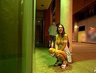 Long-legged German brunette gives BF blowjob in public and they have quickie in standing pose 11