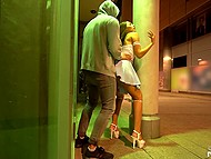 Long-legged German brunette gives BF blowjob in public and they have quickie in standing pose 6