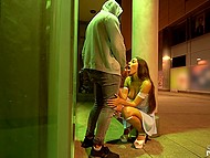 Long-legged German brunette gives BF blowjob in public and they have quickie in standing pose 9