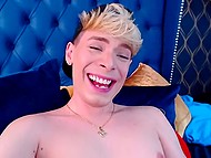 Guy with pink vibro toy inserted deep in ass jerks off and cums in a solo webcam show 11