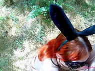 Slender redhead creampied after quick outdoor sex with boyfriend in standing doggystyle pose 5