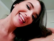 Brunette and tanned friend obtain cum on faces after big-cocked man fucks them 7