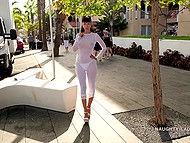 Brunette lovely wears see-thru tight dress beneath which she has no bra and panties 5