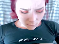 Red-haired lassie with impressive booty polishes BF's boner before taking it deep into her bald cunny 11