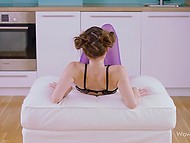 Stretching was so hot that babe took off purple pantyhose and masturbated in the kitchen 5