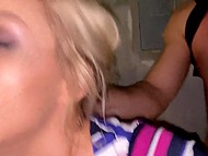 Serbian girl with blonde hair leaned on car while the man was thrusting his cock in and out of her 10