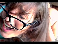 Amateur twosome of French with glasses and her partner on blue bedsheets in the hotel room 8