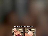 Young blonde and a brunette give a blowjob in POV and take turns sitting on a lucky man's dick 9