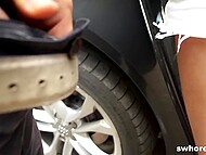 Driver notices brunette hooker and decides to make pause and have quickie with slut in the public 5