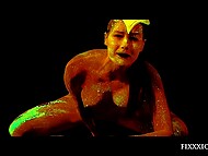 Girl covered with sexy fluorescent sequins makes dildo glow while drilling the pussy 10