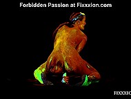 Girl covered with sexy fluorescent sequins makes dildo glow while drilling the pussy 8
