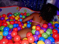 Man watches black guest shaking booty in colorful balls and goes to her for fucking 6