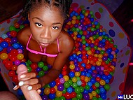 Man watches black guest shaking booty in colorful balls and goes to her for fucking 8