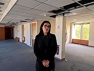 French hottie with glasses copulates with two black guys in public places after showing them the office 5