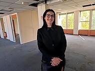 French hottie with glasses copulates with two black guys in public places after showing them the office 8