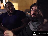 Bearded guy turns dinner with skinny brunette and muscular black friend into bisexual group sex 5
