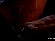 Sensual dark-haired MILF with shaved pussy enjoys beautiful sex with a guy, located in nature 6