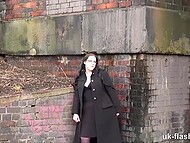 Appetizing British chick in stockings experiments, enjoying amateur masturbation right on the street 4
