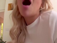 Foot fetishist cums on beautiful feet of a busty blonde in sexy panties after a passionate fucking 5