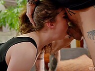 Young brunette satisfies her rude lovers with a deepthroat blowjob and a hardcore fucking on the sofa