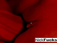 Ненасытный дикарь сует торчащий фаллос в ротик и бритую писю худенькой блондинки в черных чулках 10