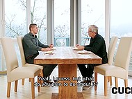 Elderly pervert suggests a young guest fucking his young wife and stays to watch them copulating 4