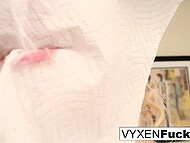 Horny brunette watches inked whore Vyxen Steel getting double-penetrated hard in a group session 10