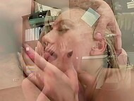 Slim Russian blonde enjoys blowing the guy and taking into pussy his huge cock till getting cum all over her face 11