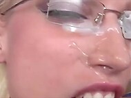 Hubby sticks cock into mouth of his buxom spouse and drills her snatch till covering her glasses with jizz 11