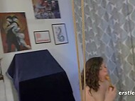 Excited amateur lezzies are busy practicing kinky BDSM games and drilling hairy pussies with a dildo 5