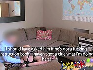 Camera captures hot blonde Rebecca More, restrained for a double penetration session in BDSM style casting 4